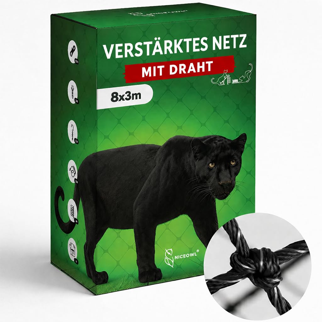 Katzennetz für Balkon Drahtverstärktes, 8x3m Katzengitter Fenster, Katzenschutznetz für Katzen zur Sicherung von Balkon, Terrassen, Fenstern, Dachluken, Türen