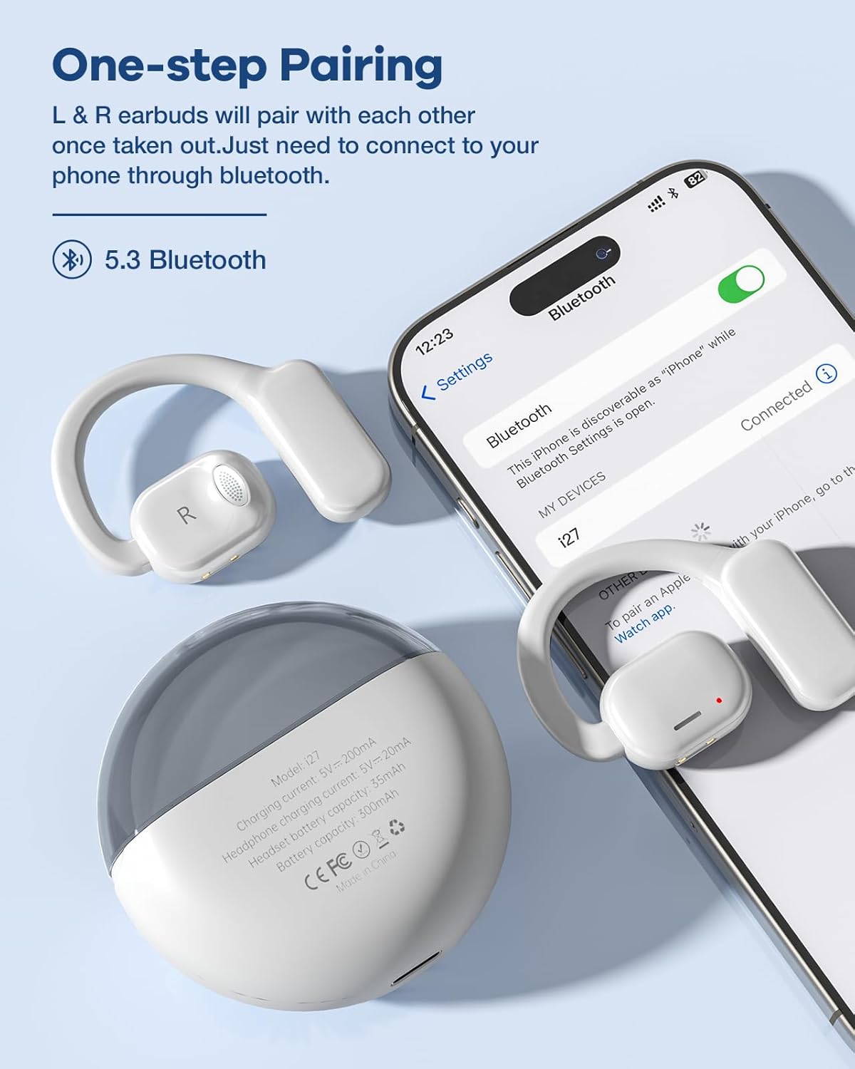 Open Ear Headphones Wireless Earbuds with Earhooks, 40Hrs Playtime Bluetooth 5.3 Touch Control Sport Headsets IPX6 Sweatproof Earphones for Running Cycling Workout (White) - Image 7