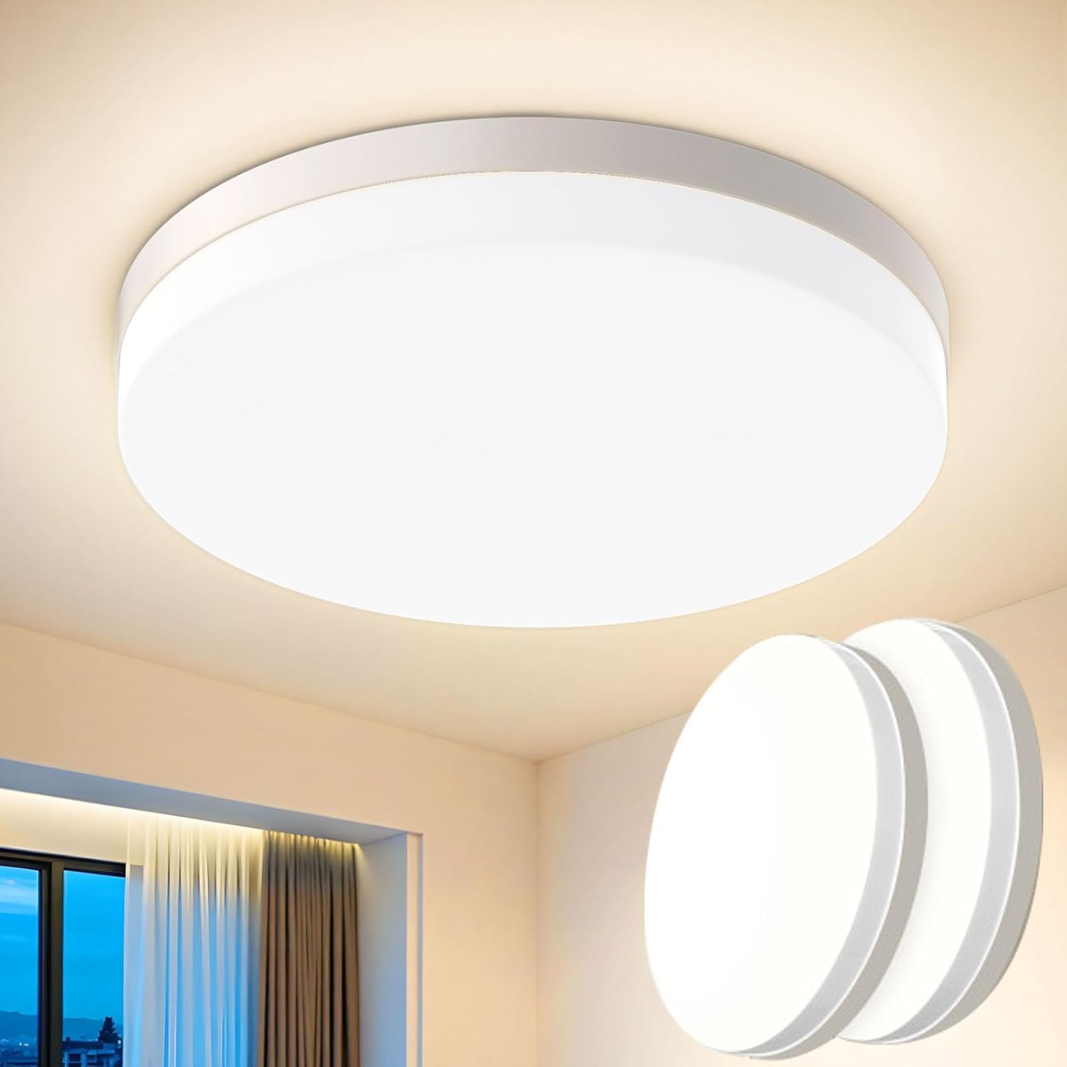 Plafonnier LED 48 W, plafonniers LED 4 800 lm 4000 K, P44 imperméable rond pour chambre à coucher, cuisine, salon, balcon, chambre Ø30 cm – 2 pièces
