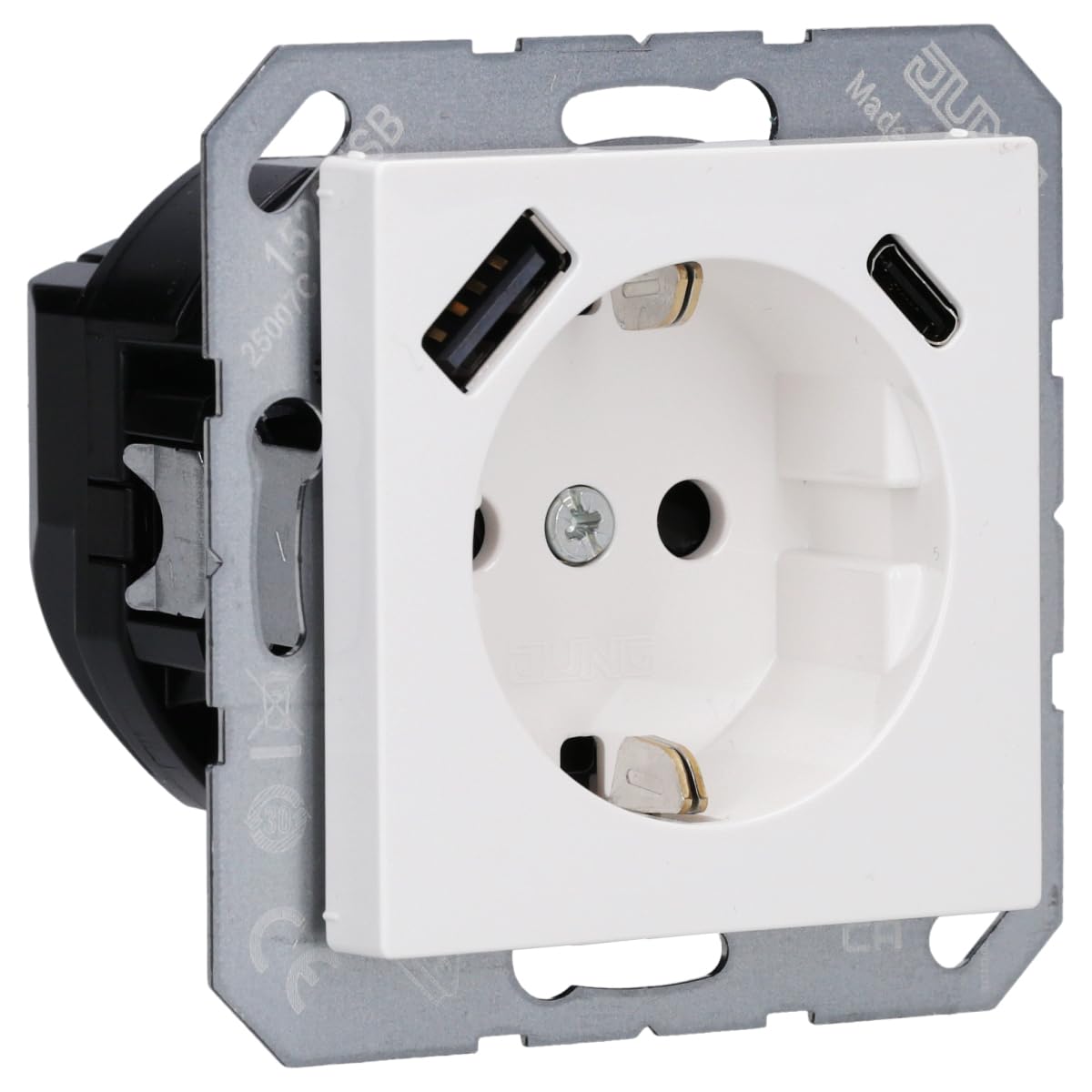 Jung A1520-15CAWW Prise Schuko avec USB type AC (3A) avec protection de contact accrue (thermoplastique incassable) Blanc alpin série A