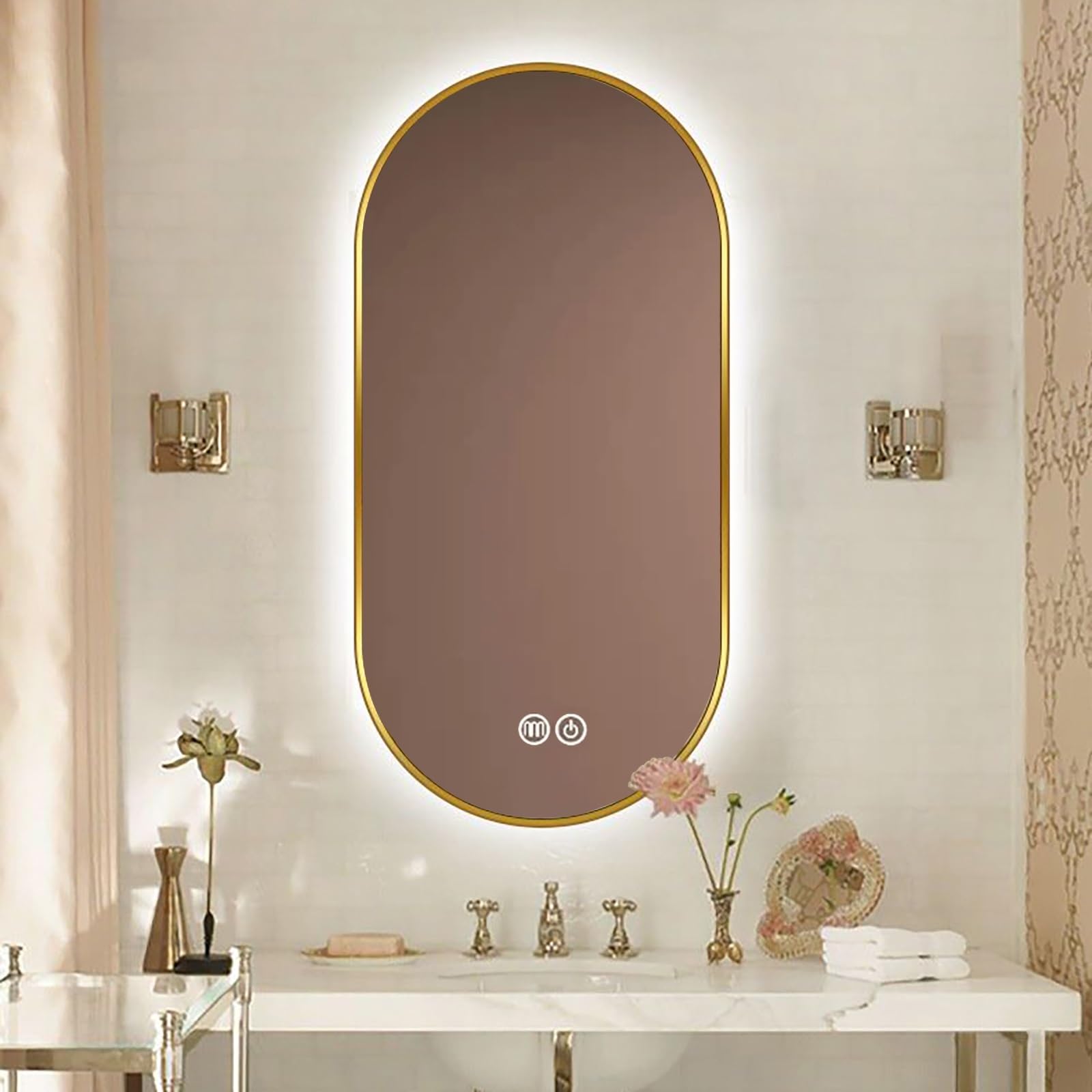 Wall Mounted Vanity Mirror LED 50x80cm(19.7x31.5in), Dimmable Backlit Bathroom Mirror with 3 Colour Temperatures, Anti-Fog Touch Switch Decorative Wall Mirror for Makeup, Living Room, Hallway, Gold