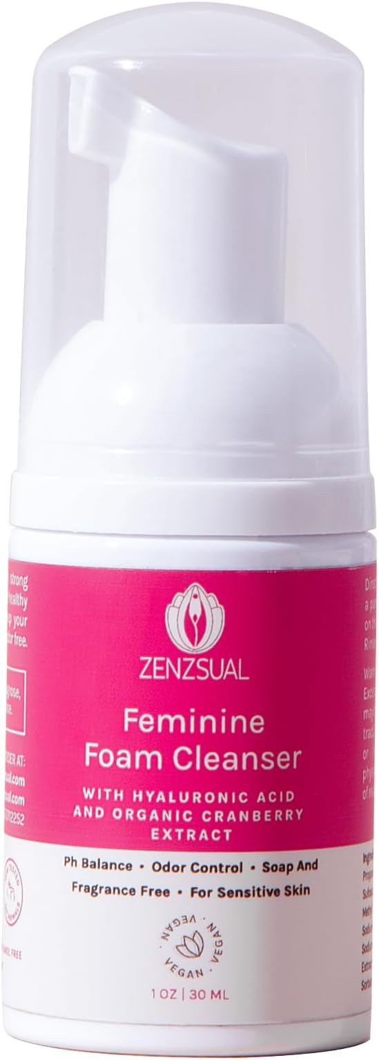 ZENZSUAL Feminine Foam Cleanser with Hyaluronic Acid & Organic Cranberry Extract – pH Balanced Feminine Wash for Sensitive Skin, Fragrance-Free Vaginal Cleanser, Hypoallergenic Intimate Care, 1 oz