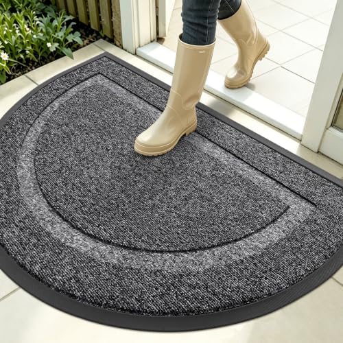 Image of OLANLY Half Circle Door Mat Indoor Outdoor Entrance Welcome, Waterproof All-Season, All-Weather Doormat, Sturdy Natural Rubber, Easy Clean Patio Porch Entryway Mat, 35x23, Black and White