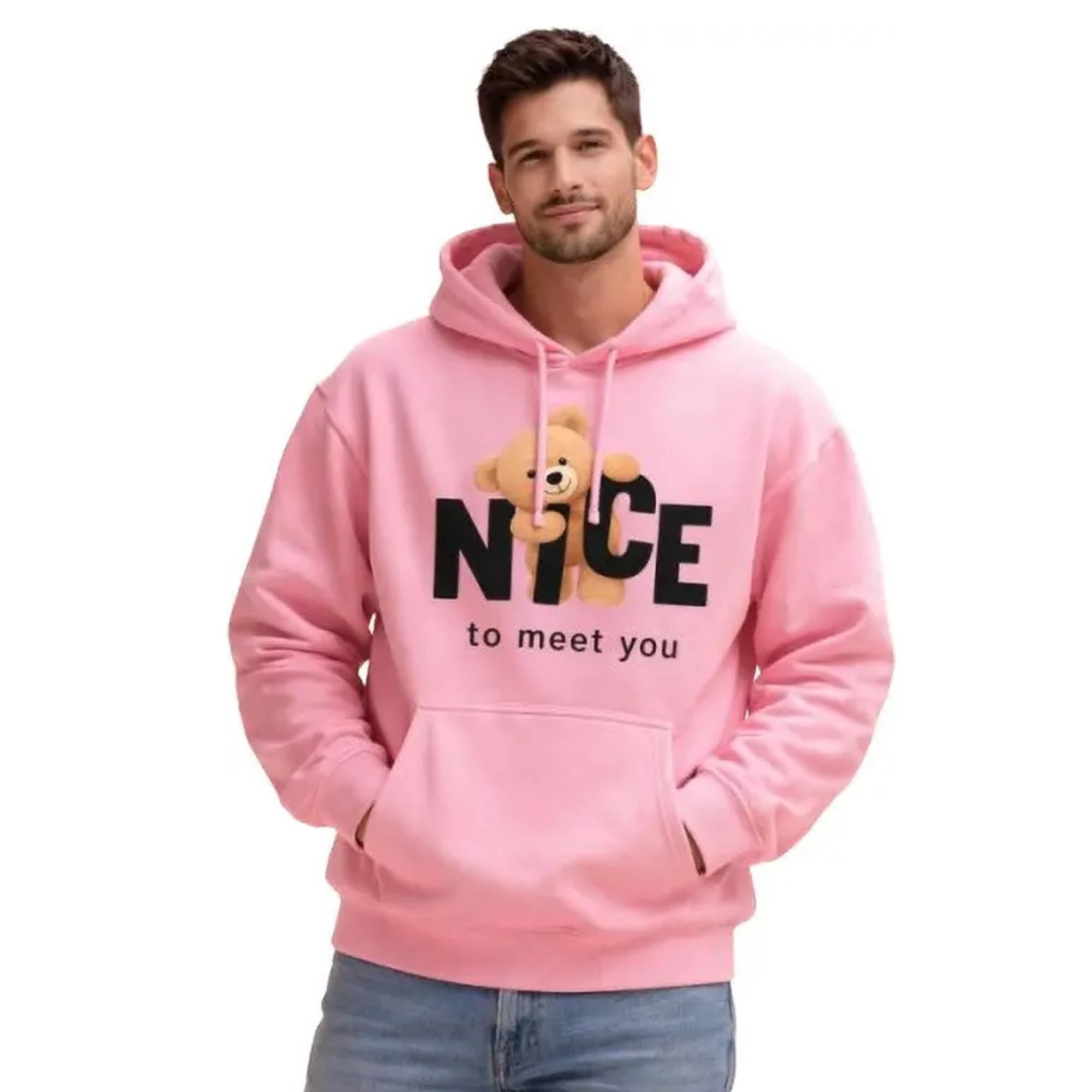 Nice to Meet You Teddy Bear Graphic Hoodie for Men and Women, Pullover Sweatshirt with Kangaroo Pocket-image-13