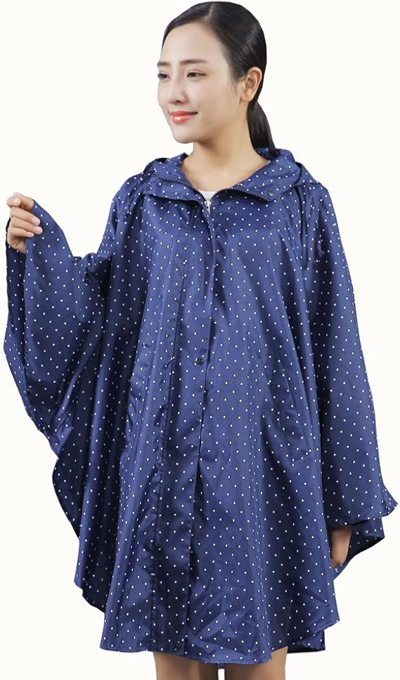 Amazon レインコート マント式 かわいい ファッション レインポンチョ カッパ 合羽 レディース レインウェア 自転車 通勤 通学 フリーサイズ アウトドア 軽量 防水 速乾 収納便利 ファスナー おしゃれ ドットネイビー レインコート ポンチョ 通販