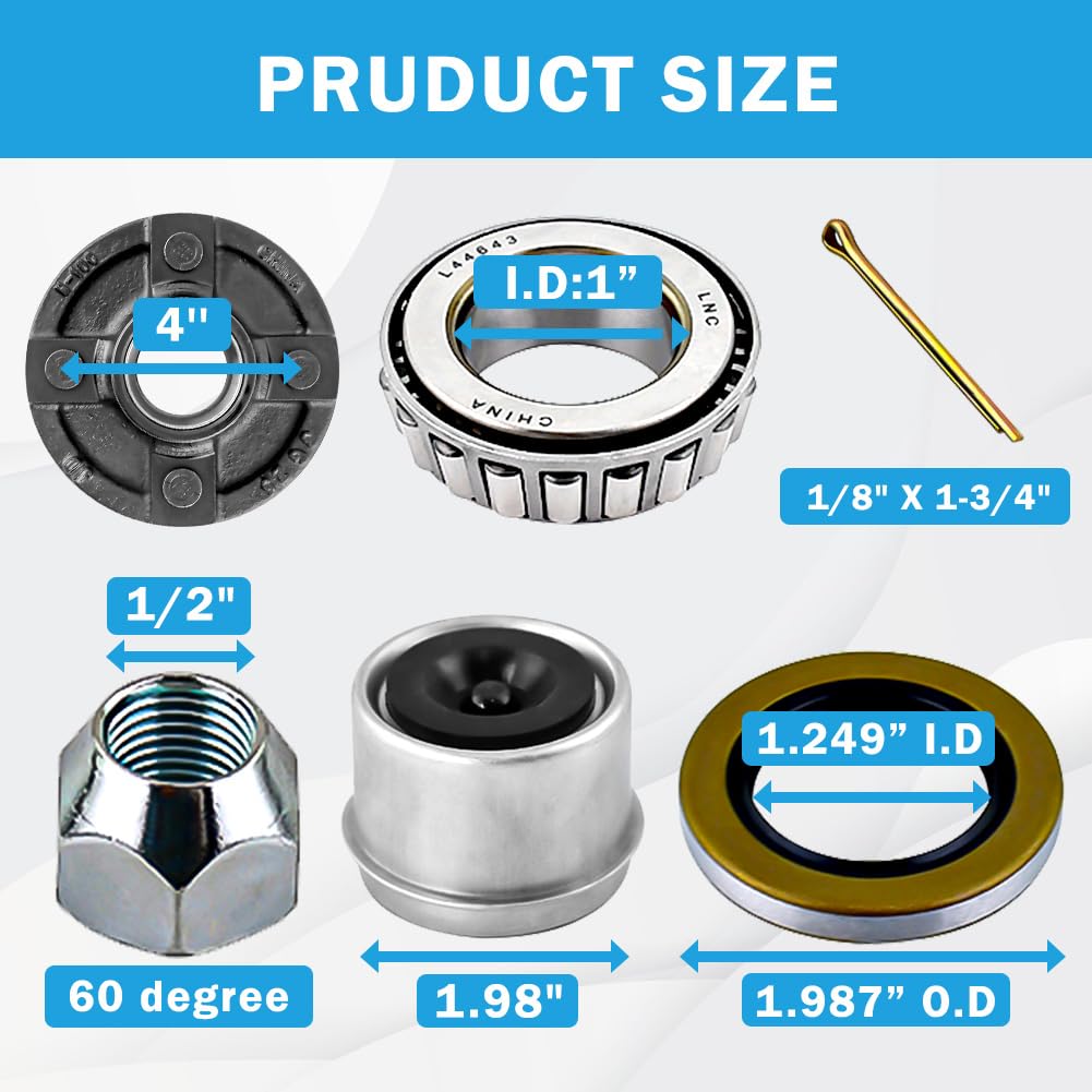 Zestaw piasty koła zębatego przyczepy 4 na 10 cm dla 907.2 kg 2.5 cm i 2.5 cm-1/40.6 cm oś przyczepy, piasta przyczepy 4 uchwyty z zestawami łożysk L44643, zawleczka, uszczelka smarowa