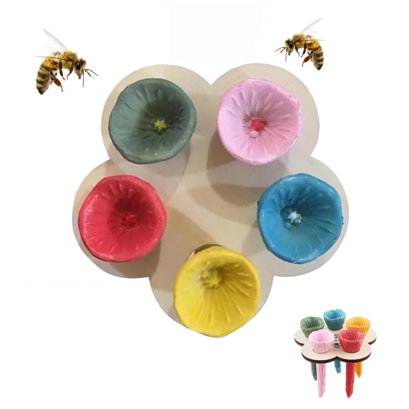 Vasos para Abejas,5 PCS Bebedero De Abejas para Jardín,Colorida Estación de Riego para Abejas con Bandeja de Madera,Comedero para Insectos para Abejas y Mariposas,Ideal para Polinizadores Sedientos