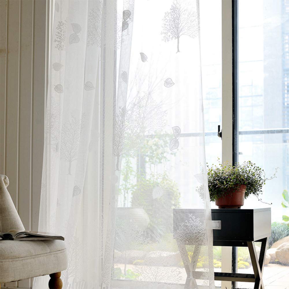 Arbre et Feuilles Rideaux Voilage Jacquard Voile Transparent Rideaux à Oeillets 2 Panneaux pour Balcon Salon Enfant Chambre,Blanc,W135xL244cm