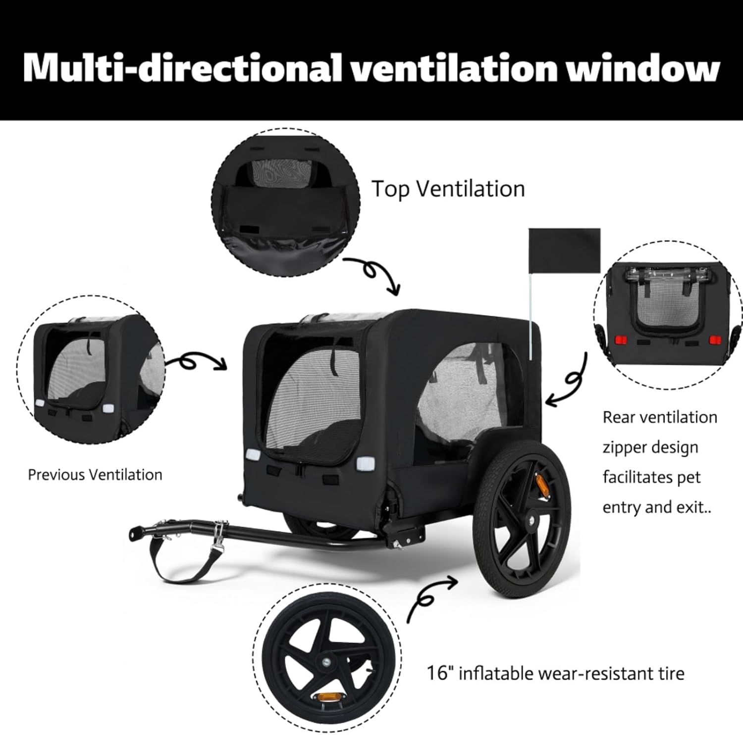 Heavy Duty Pet Bike Trailer, Collapsible Dog Carrier with 16" All-Terrain Wheels, Universal Hitch for Bicycles, 66LBS Capacity, Safety Reflective Strips