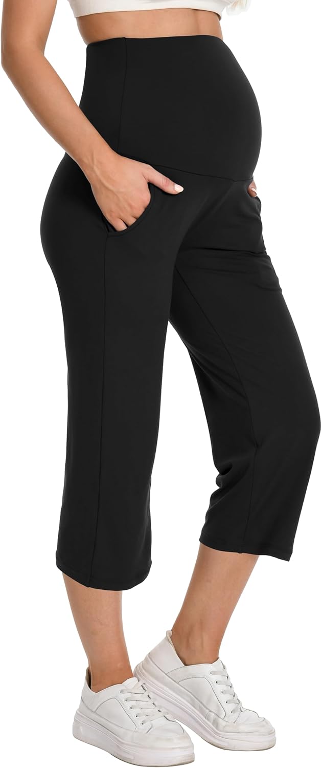 Foucome Maternity Capris Wide Leg Cropped Yoga Pants Summer Loose Casual Pregnancy Pants with Pockets (Black, M) - Image 2