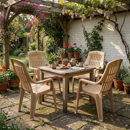 Image of Oaknest Unboxing Furniture Celloo Premium Plastic Relaxing Chair with Armrests | Ergonomic High-Back Lounge Seating for Home, Garden & Balcony (Marble Beige), Count of 4