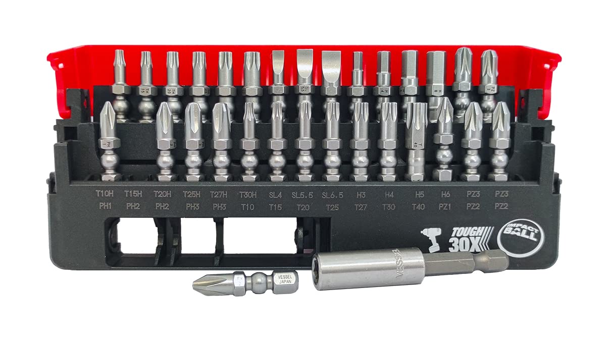 VESSEL Set di 30 punte avvitate torsion tipo "Impact Ball" + porta puntale