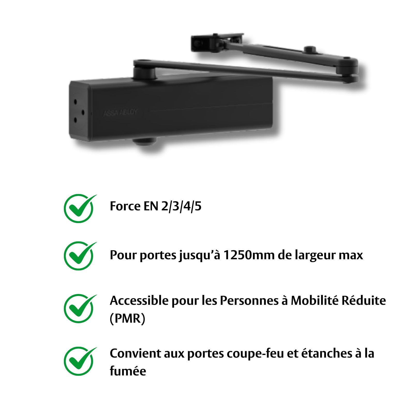 TESA DC140 ferme-porte, EN 2/3, pour portes moyennes, bras articulé, Noir RAL 9005, montage en surface, vitesse de fermeture et à-coup final réglables