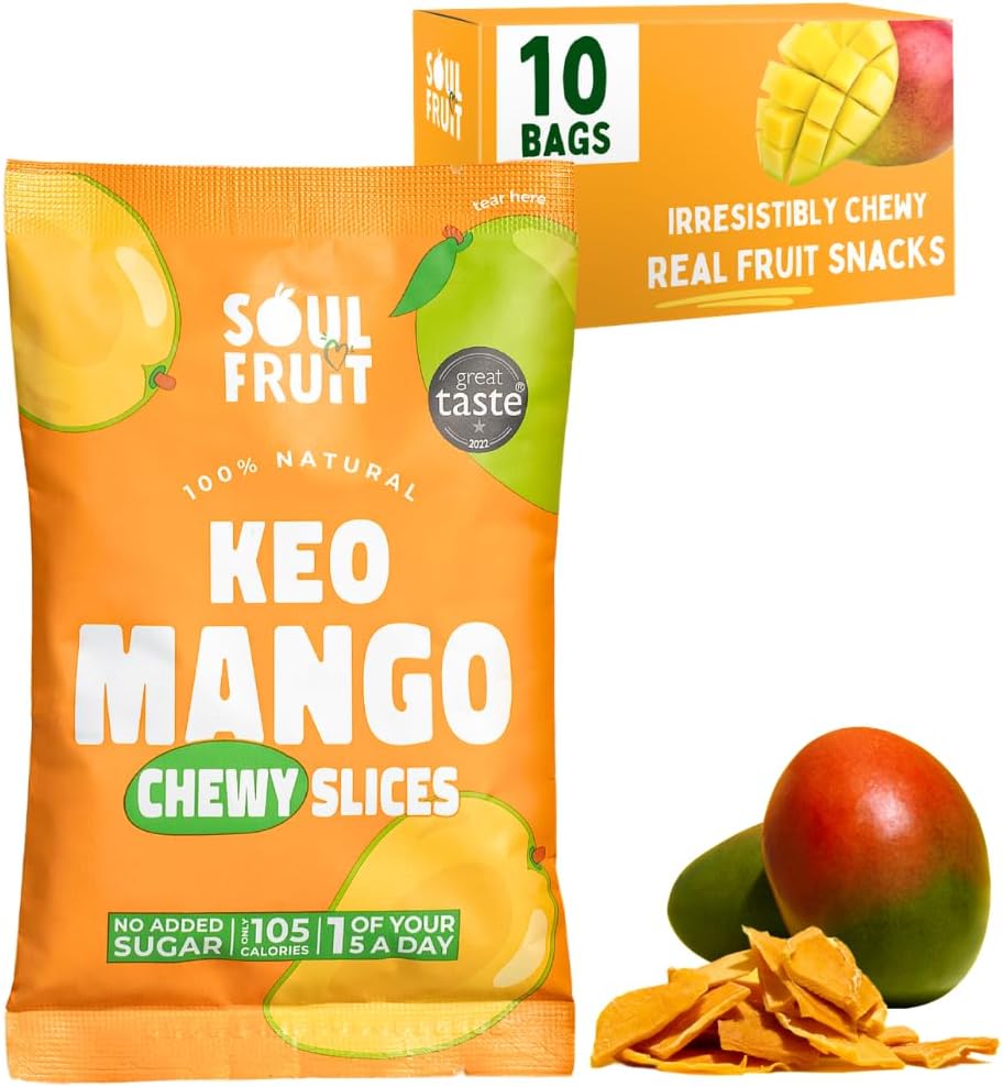 Soul Fruit - Dried Mango โ No Added Sugar โ 100% Dried Fruit Snack - High in Fibre - Low Calorie Snacks - Healthy Snacks for Adults & Kids - Lunchbox snacks โ Gluten Free 10 x 30g