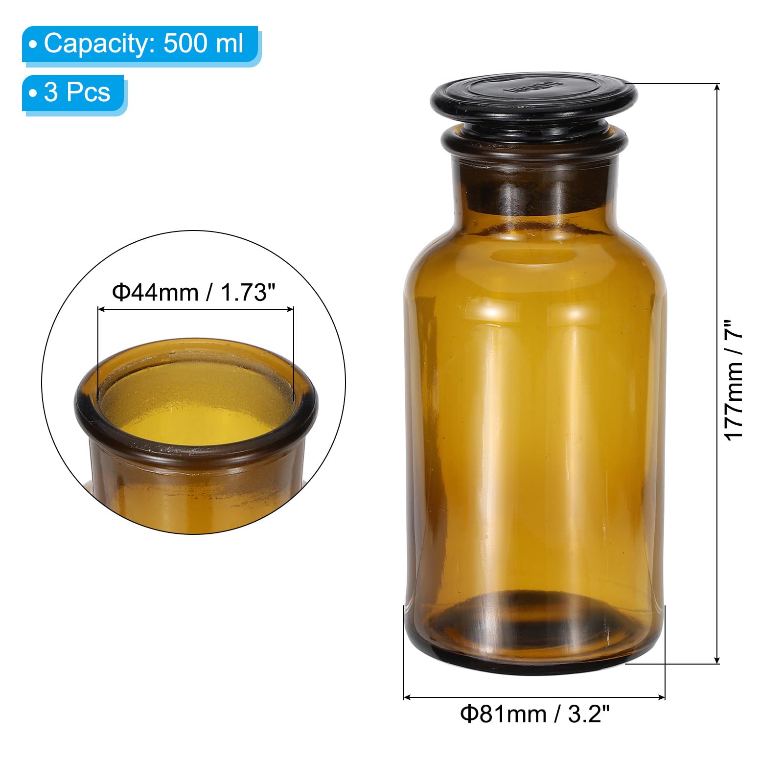 PATIKIL Bottiglia Da Reagente, 3 Pezzi 500ml Vetro Bocca Larga Bottiglia Da Reagente Per Conservazione Con Tappo In Vetro Smerigliato Per Laboratorio Acqua Reagenti Liquidi, Chimica.
