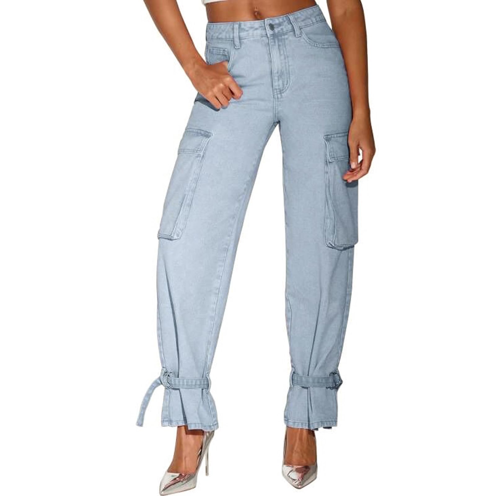 YEXPINE Women's High Waist Cargo Pants Flap Pocket Wide Leg Trousers Baggy Y2K Ankle Tie Jeans Jogger