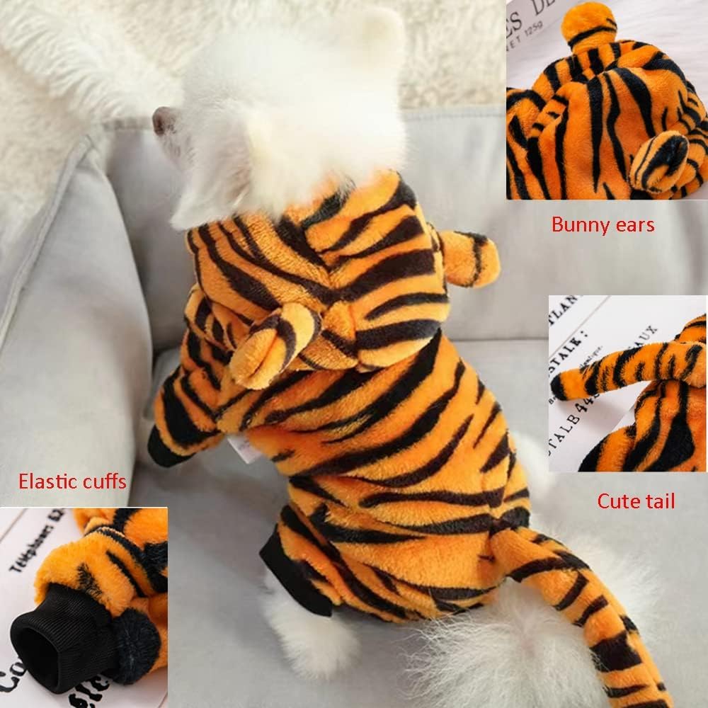 Haustierkostüm-Kollektion, Dinosaurier-Tiger-Bienenmuster, Kapuzenoutfits, warme Winterkleidung, Polyester, kleine Hunde und Katzen, Halloween, Weihnachten, Cosplay (X-Large, Tiger)
