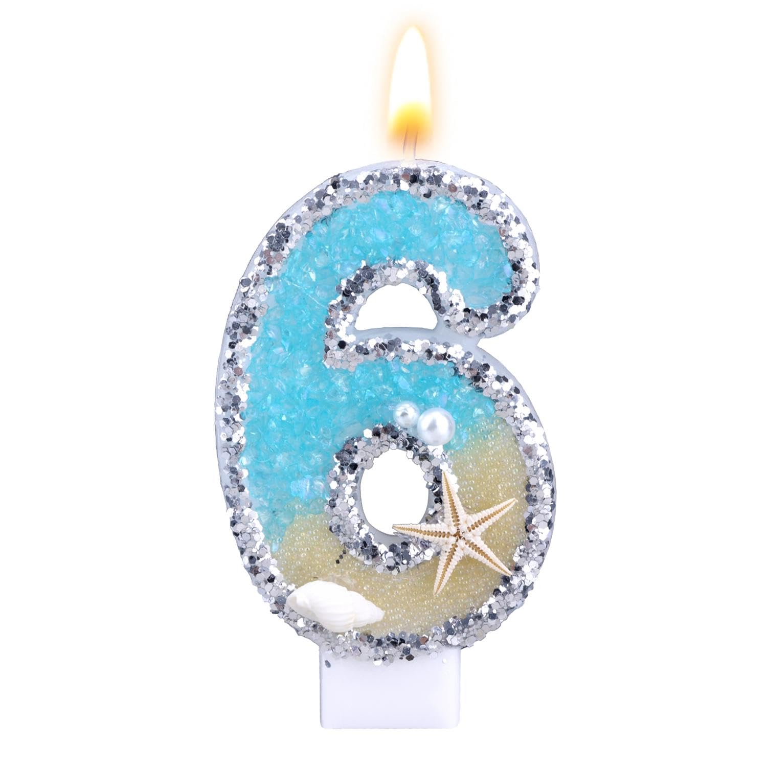 Beach Theme Number Candle, Beach Birthday Cake Topper Conch Starfish Sequins Number Candles for Birthday Party Cake Decoration Supplies (6)
