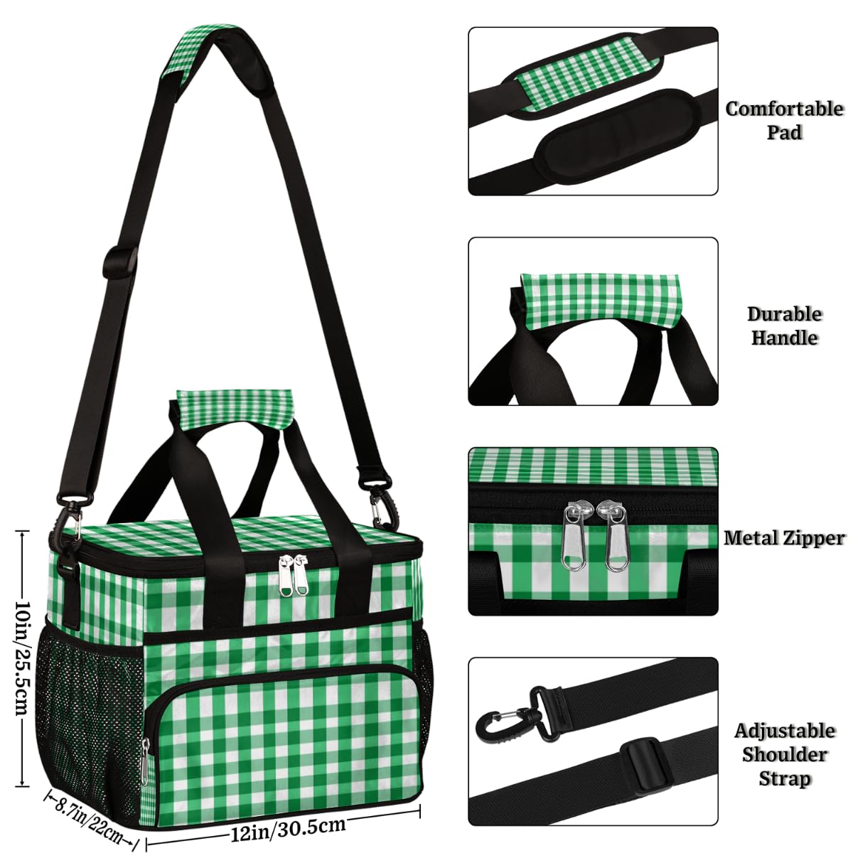 Gingham Check Insulated Picnic Backpack Lunch Box for Women Men Picnic Basket Tote Lunch Bag Picnic Bag Portable Lunch Bags for Picnic, Beach, Work, Trip,Office, Camp Green Picnic Plaid