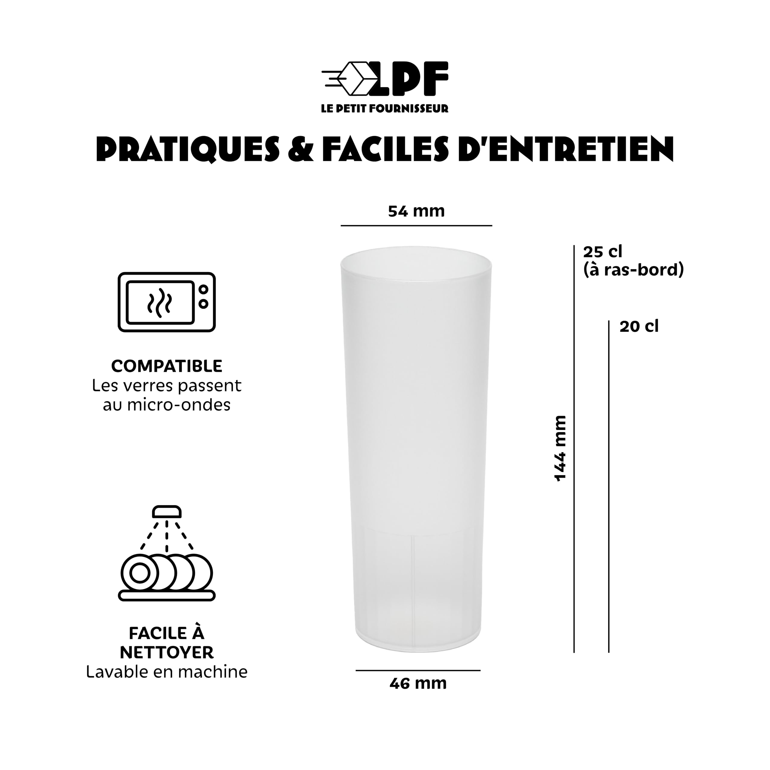 LPF LE PETIT FOURNISSEUR - Lot de 99 Gobelets réutilisables Tubo - 20cl(Usage) 25cl(Max) - Verre à eau, Verre cocktail long drink - Compatible lave-vaisselle - Couleur givrée