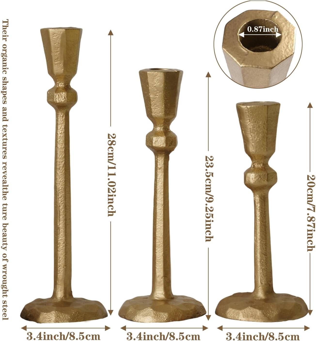 Taper Candle Holders,Candlestick Set of 3,Antique Brass Iron Gold Candle Stand Candlelight Dinner Wedding Party Kitchen Home Decoration