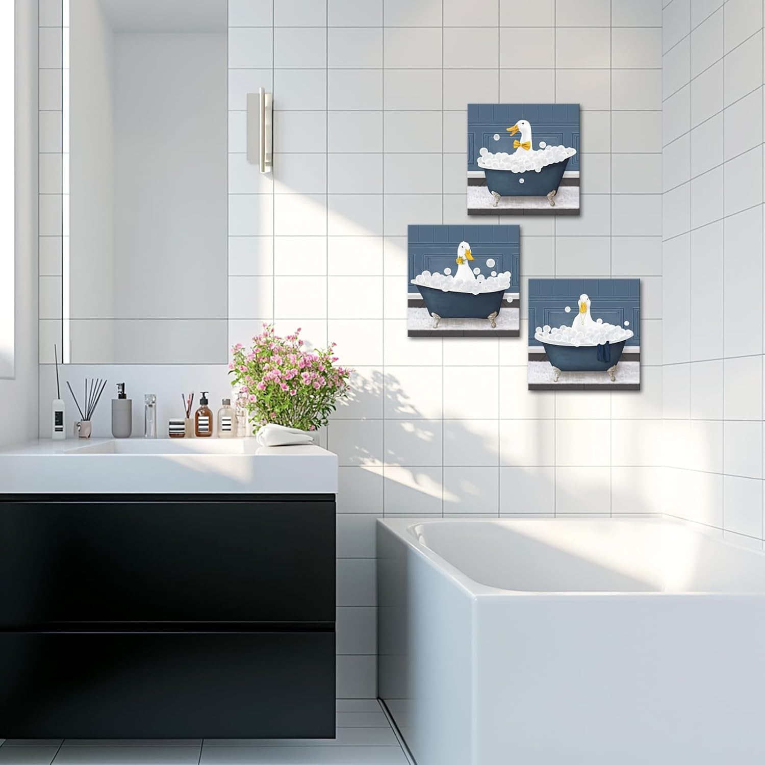 Apicoture Funny Bathroom Wall Decor Abstract Cute Duck in Bathtub Bathing Canvas Art Wall Decoration