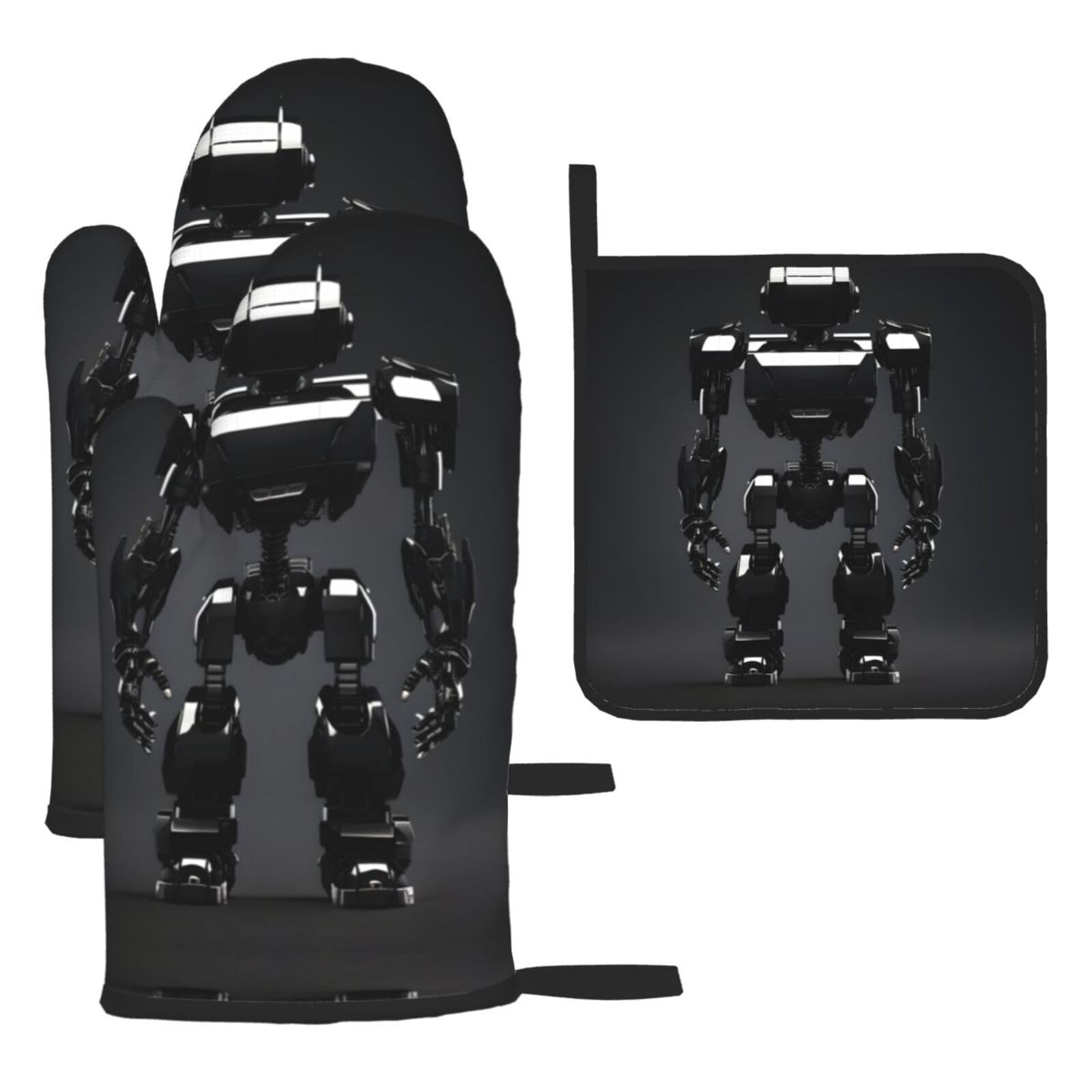 Black Robot Print Oven Mitts and Pot Holders,Non-Slip Pot Holders for Kitchen,Thick Potholders for Baking Grilling