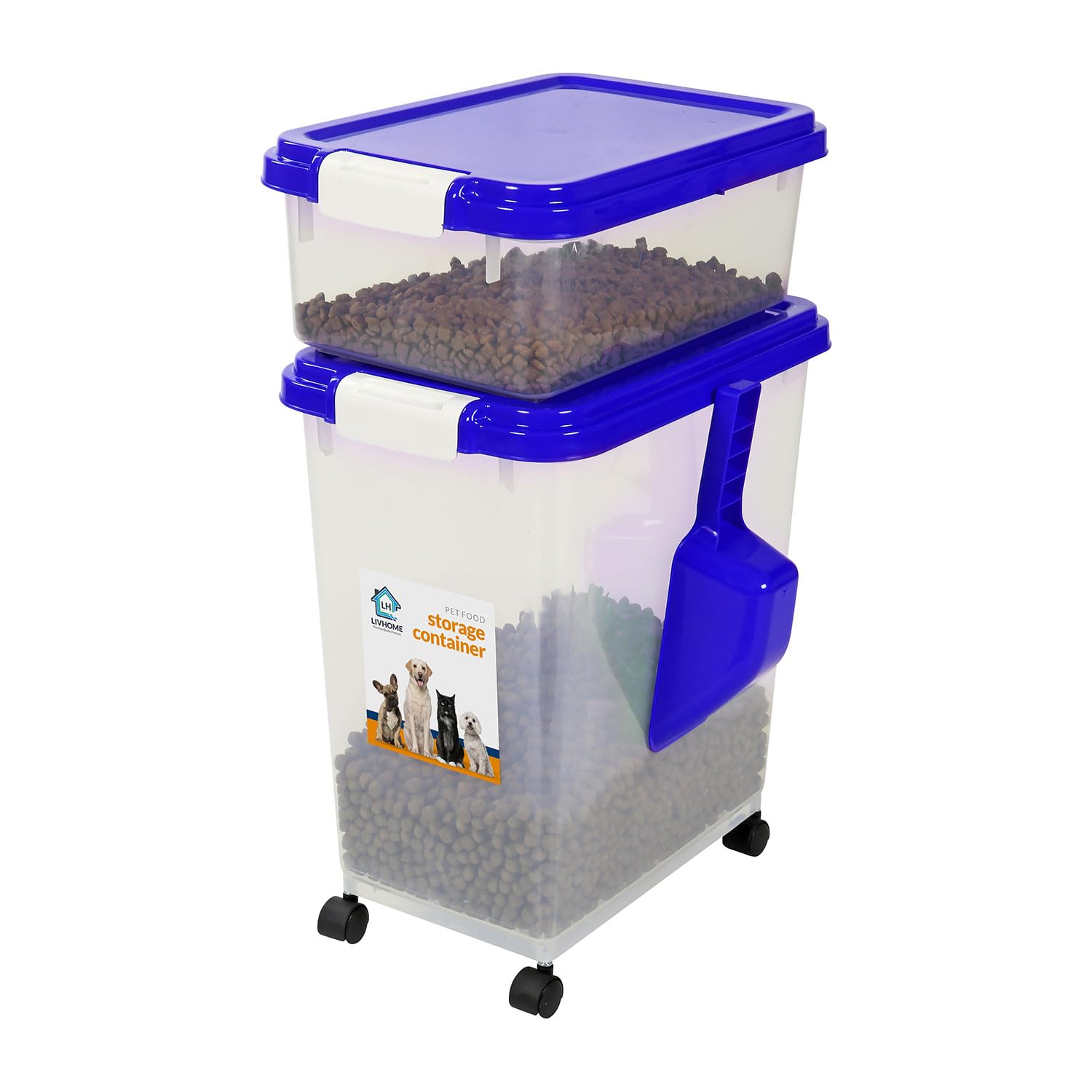 Livhome 3-Piece 50L Airtight Pet Food Storage Container Combo with Scoop and Treat Box for Dog Cat and Bird Food, Keep Pests Out, Translucent Body, Easy Mobility, Blue โ image 1