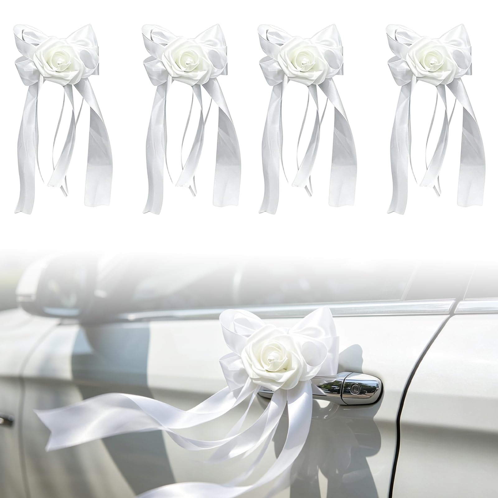 KxrTpx Wedding Car Ribbon, Car Ribbon for Wedding, Just Married Car Decoration, with Suction Cups and Straps, White Decorative Flower, 35 by 17 cm
