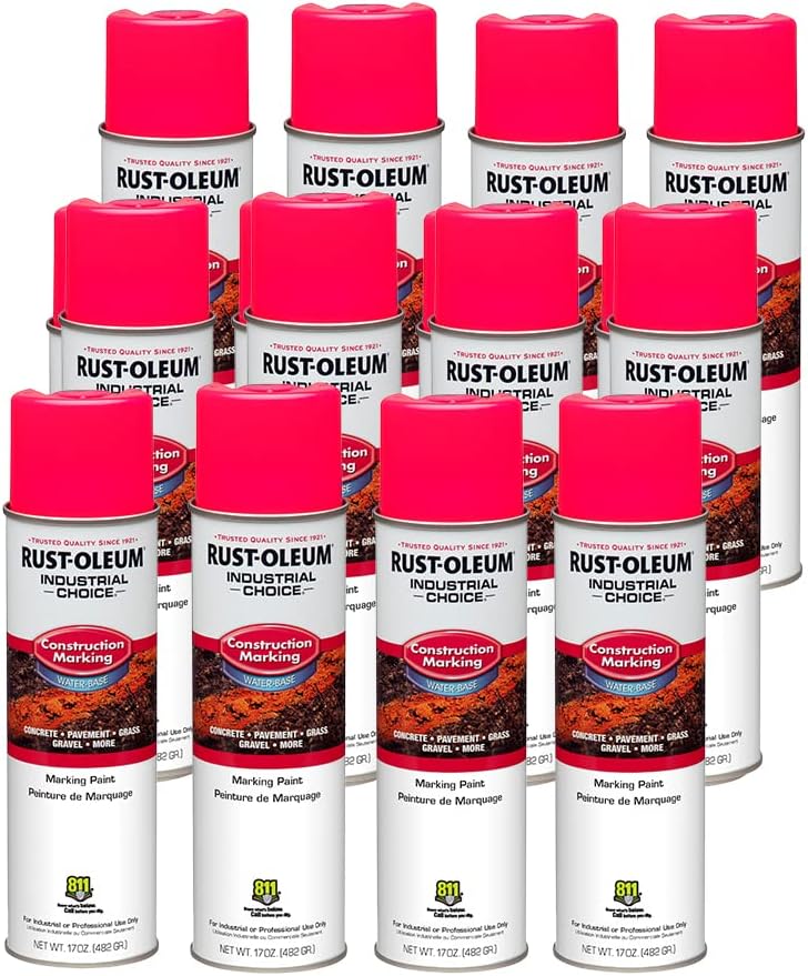 Rust-Oleum 264702-12PK Industrial Choice M1400 System Water-Based Construction Marking Spray Paint, 17 oz, Fluorescent Pink, 12 Pack