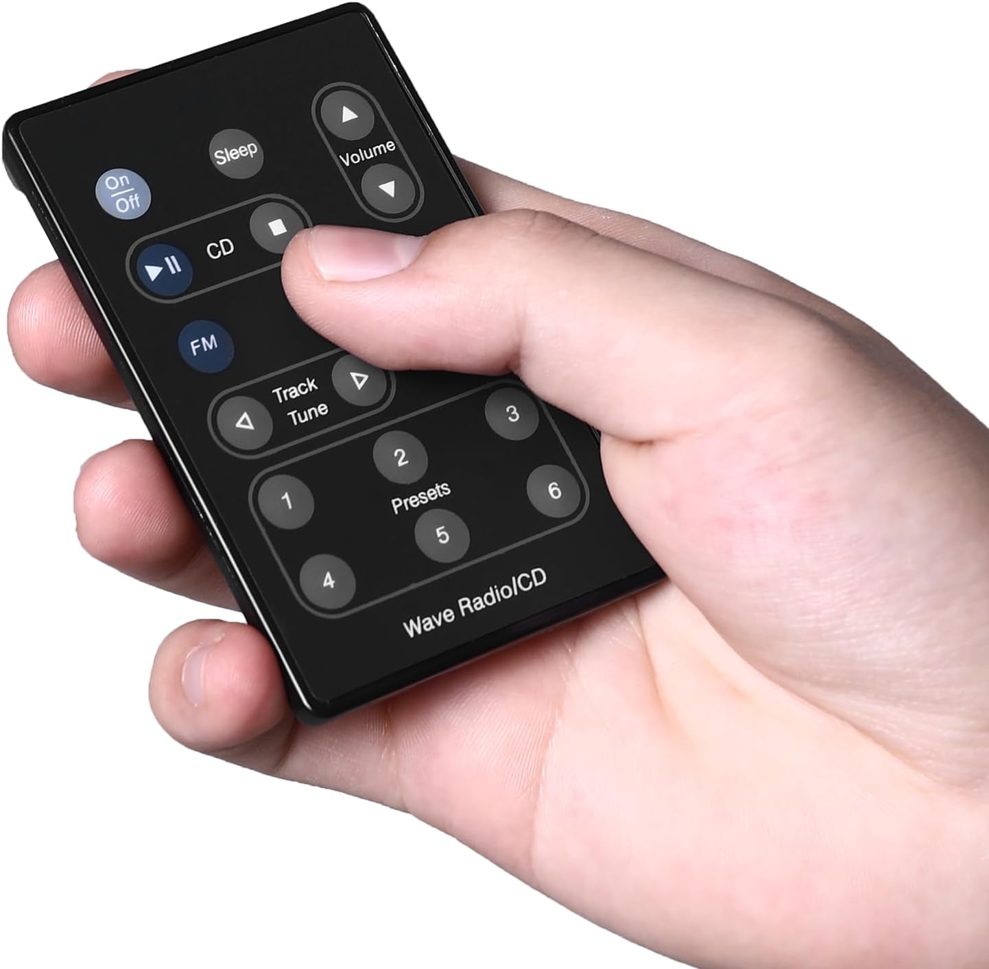 A hand holding the Auilzlz remote control, showing the top view of the buttons.