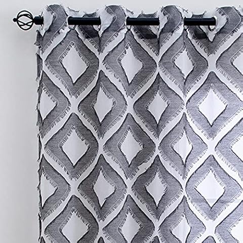 Linentalks Shaggy Grey Semi Sheer Curtains, Diamond Geometric Faux Linen Textured Window Curtain Drapes for Livingroom, Grommet Curtain Panel Set of 2 pcs (Grey, 52 W x 84 L) Cover