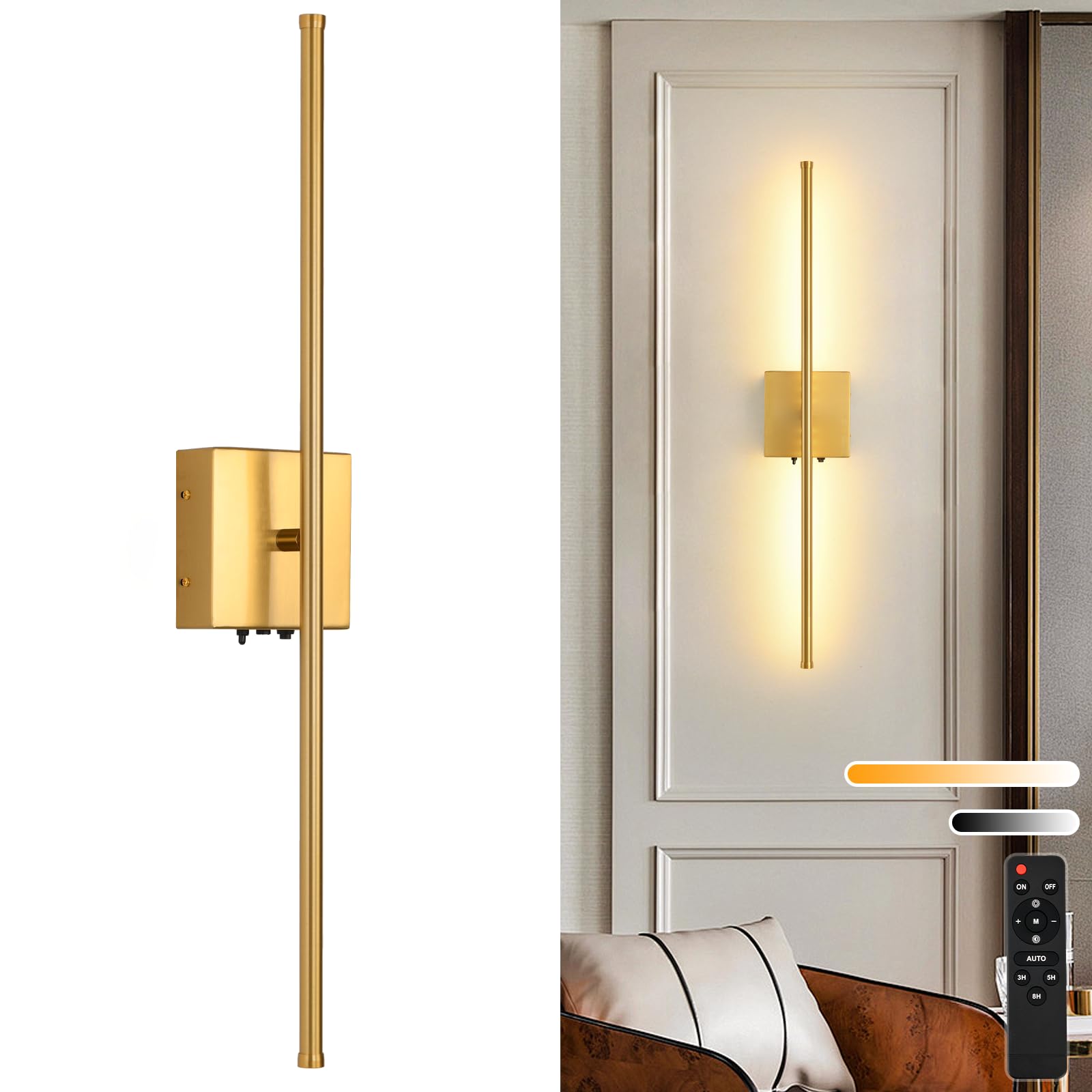 Rechargeable Battery Operated Wall Sconces, 11000mAh Wireless Brushed Gold Wall Lights with Remote Control, 350°Rotate Dimmable Wall Lamp, 3 Color Temperatures, for Bedroom Living Room Hallway, 1 PCS