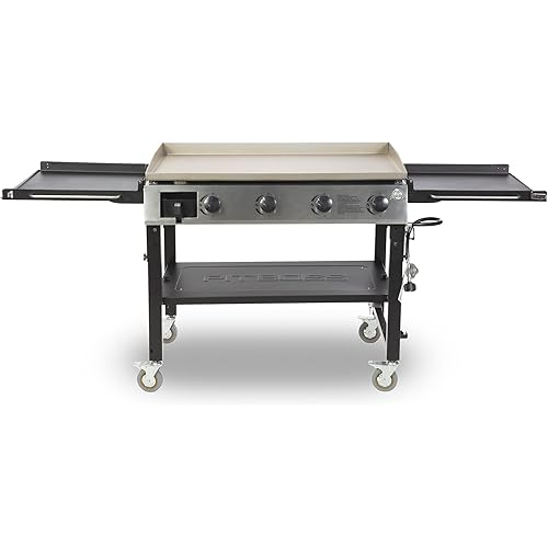 Pit Boss PB757GD Four Burner LP Fold Over Side Shelves 36" Gas Flat Top Griddle with Fitted Cover, 4 Deluxe, BLACK