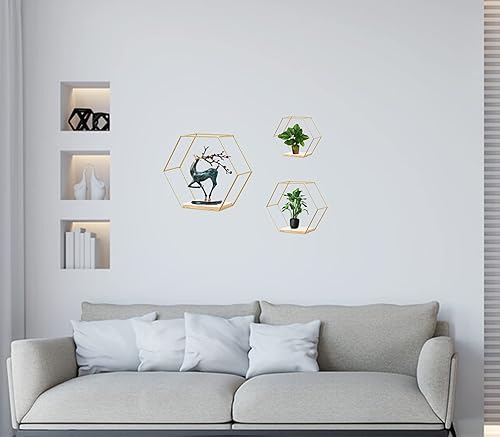 Miniatura 5 de ZUIDSYI Estantes flotantes hexagonales montados en la pared, estante dorado con marco de metal con estantes de almacenamiento de piso de pared,