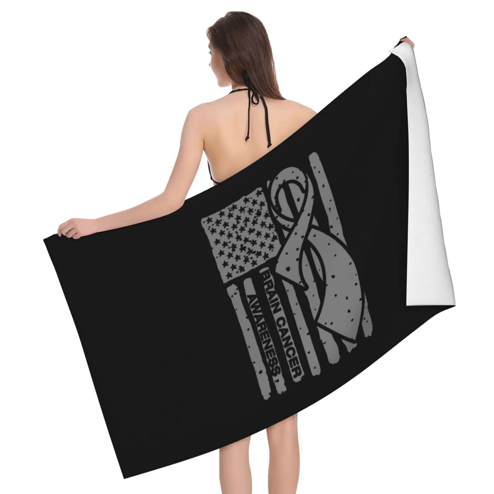 Lsjuee American Flag Brain Cancer Awareness Microfiber Beach Towel Absorb Water Quick Dry Bath Towel, for Beach, Swimming Pool, Camping