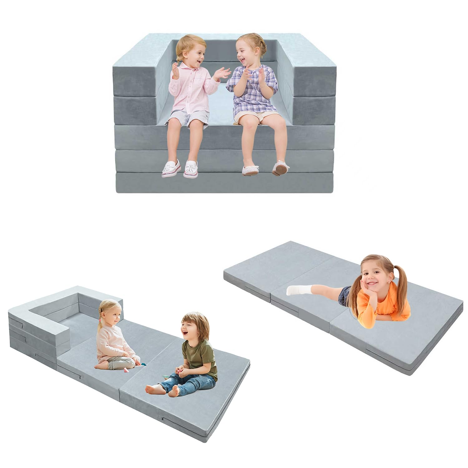 Divano Letto 2 Posti per Bambini 2-in-1 Pieghevole Schienale Poltrona, Comoda Stabile Divano Bambino Bambina, Modulare Divano Pieghevole Leggero Apribile per Camera da Letto, Soggiorno, Grigio