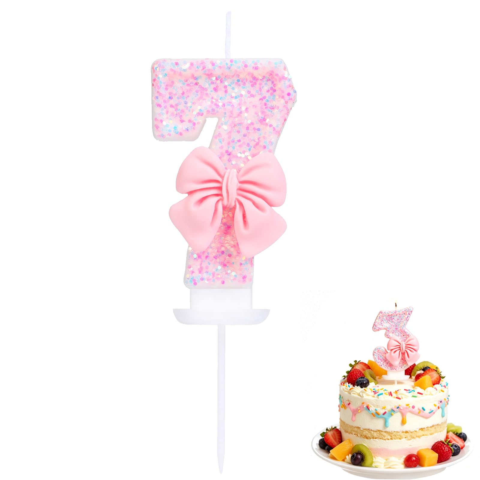 BinPhorm Number 7 Birthday Candle with Pink Bow & Glitter Sequins,Elegant 7st Birthday Cake Topper for Girls Butterfly Bow Tie Candle for Anniversaries & Celebrations