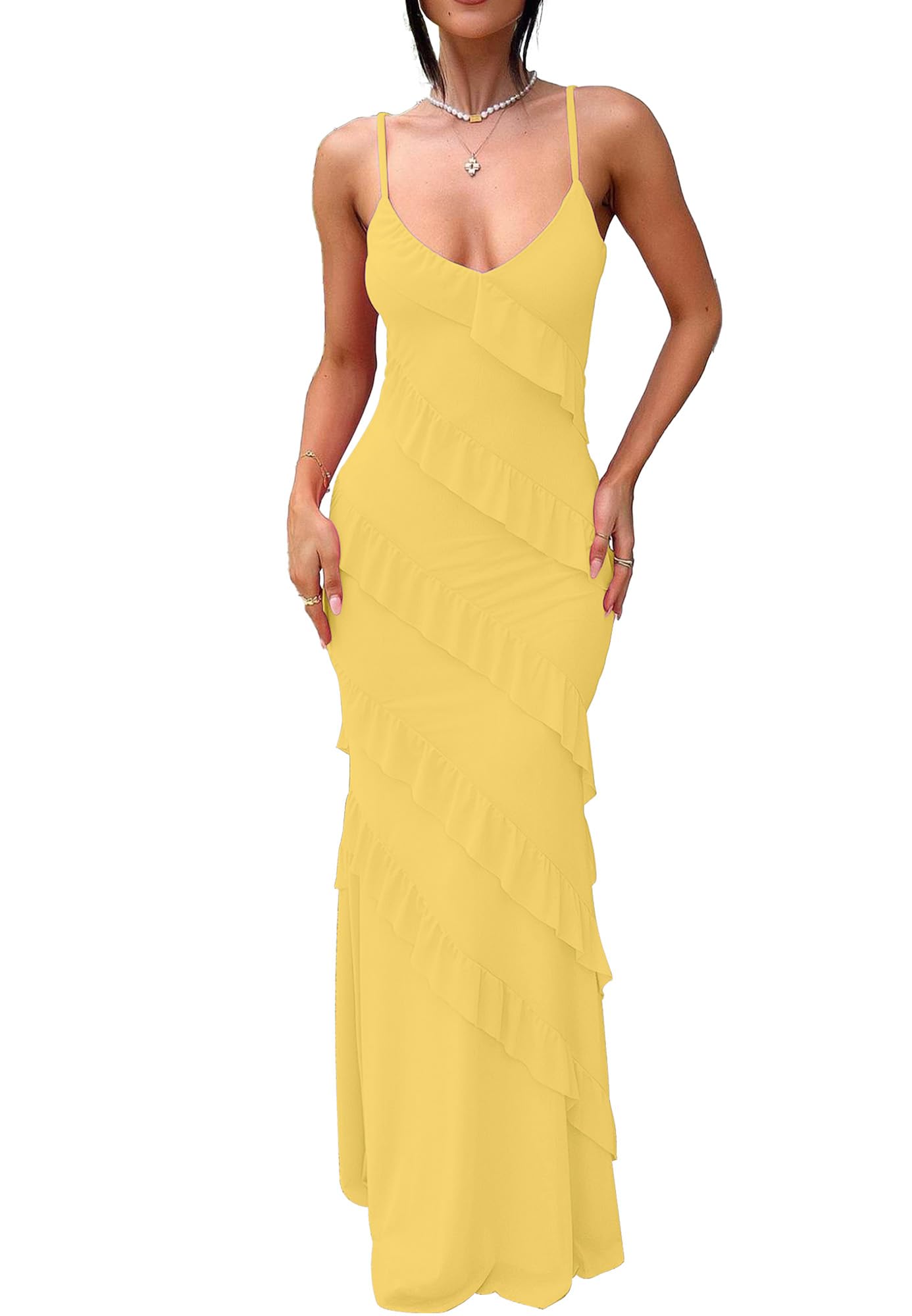 HOCILLE Women's Sexy V Neck Mesh Bodycon Wedding Guest Cocktail Maxi Dress | Sundress Spaghetti Strap Elegant Ruffle Party Long Dresses