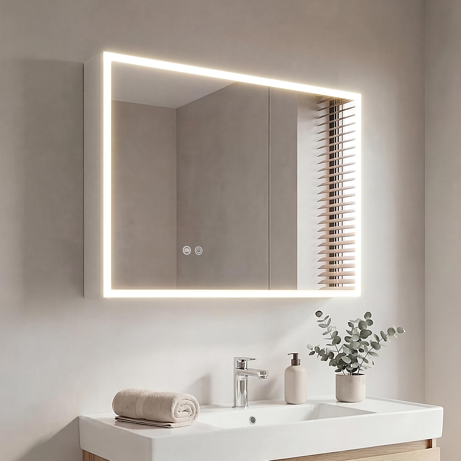HySail LED Bathroom Mirror Cabinet with 3 Colour Temperature Dimmable, Anti-Fog, Built-in UK Socket and Adjustable Shelves, Wall Mounted Storage Cabinet Fully Pre-Assembled - 75x60x14cm