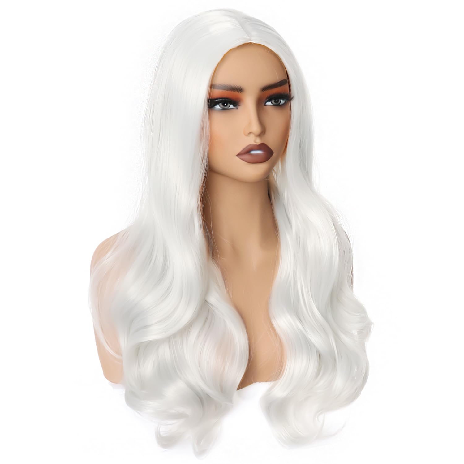 Colorfulpanda Long White Wavy Wig Middle Part for Women Girls,Natural Curly Heat Resistant Synthetic Hair Middle Part Full Wig for Halloween Costume Cosplay Party or Daily,25inch - Image 2