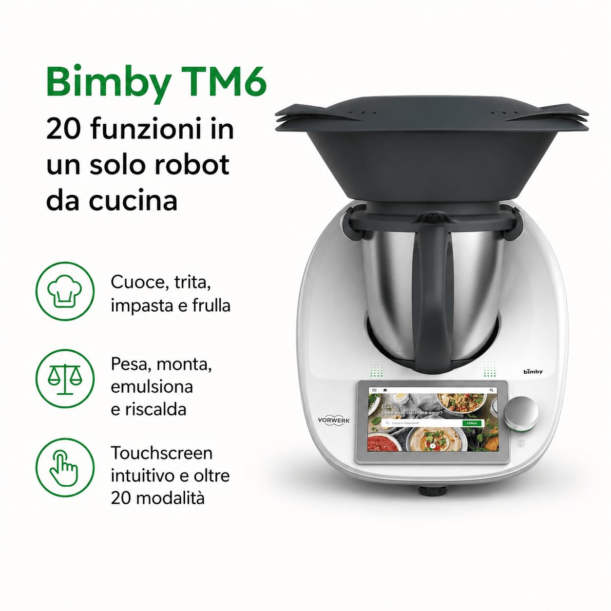 VORWERK BIMBY TM6 ORIGINALE – Robot da Cucina Multifunzione con Display Touch, Cookidoo® Integrato, Varoma e Cottura Guidata – Assistenza e Garanzia incorporate (Rigenerato Come Nuovo)