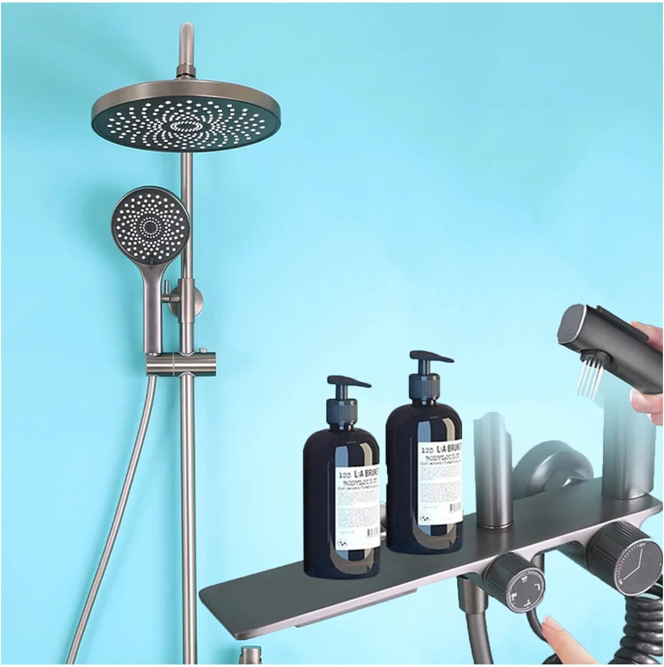 Shower System, Gray Bathroom Shower Faucet Set Complete 4 Functions Shower Fixtures Wall Mounted Shower Kit with Rain Shower Head, 3 Modes Handheld Shower Head, Tub Spout, Bidet Sprayer