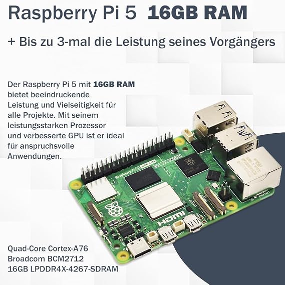 Raspberry Pi 5 16GB Starter Kit 128GB Ultra Edition 45W Power Supply Official Case with Fan 4K Micro HDMI Cable 1 m Aluminium Heatsink