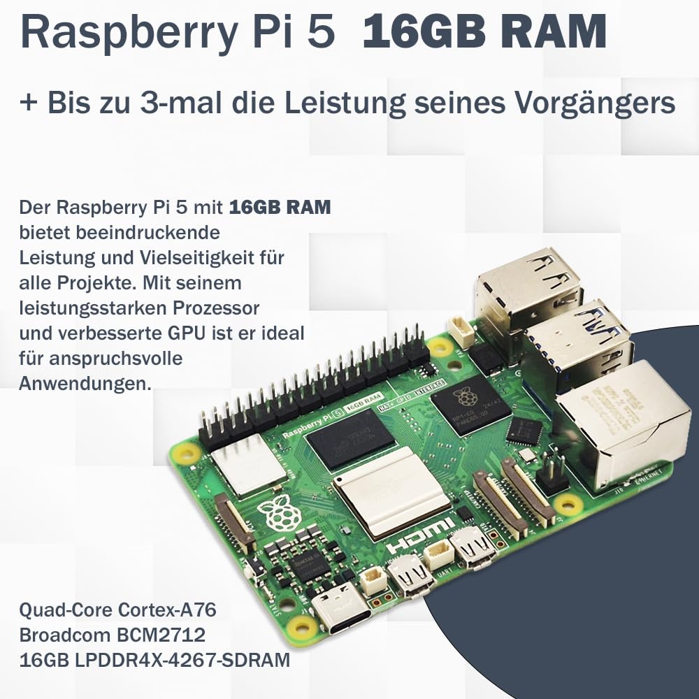 Raspberry Pi 5 - Kit de iniciación de 16 GB, 128 GB Ultra Edition, fuente de alimentación de 45 W, carcasa oficial con ventilador, cable 4K Micro HDMI de 1 m, disipador de calor de aluminio