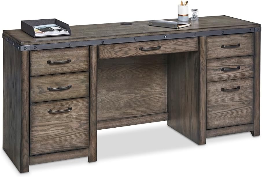 NBF Credenza with Hutch 66" Wx18 Dx72 H Rustic Grey Veneer - Industrial Wood Credenza with Storage Hutch for Office or Home Organization