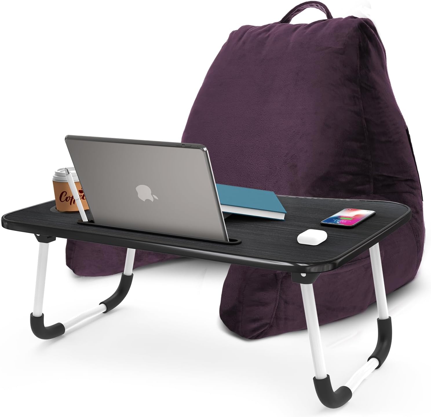 Nestl Reading Pillow with Portable Laptop Lap Desk - Shredded Memory Foam Back Support Pillow for Sitting Up in Bed and Couch Rest Pillows with Arms, Bed Tray Table with Foldable Legs, Purple