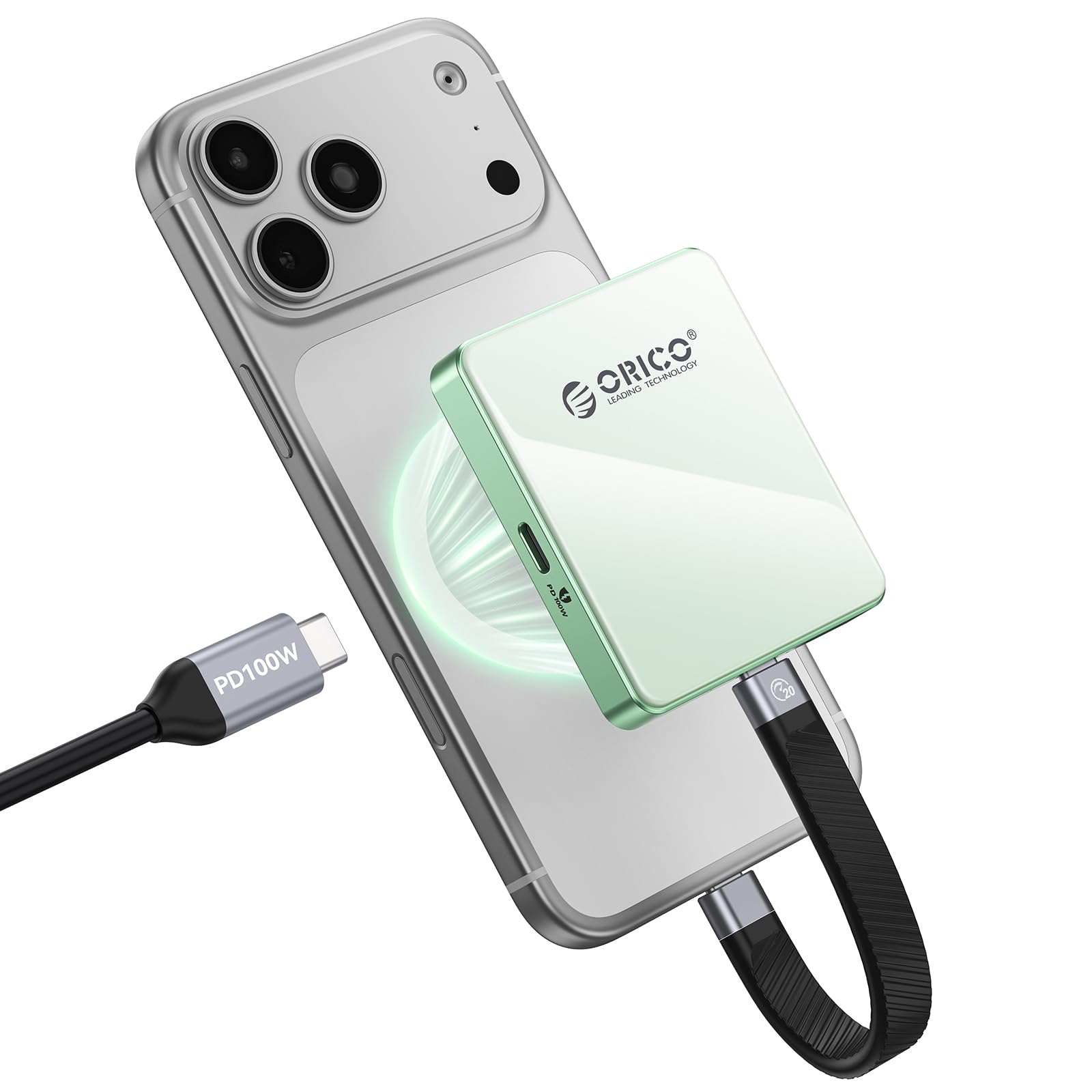 ORICO Magnetyczny futerał M.2 NVMe SSD do iPhone'a 15/16/17 Pro - USB-C 3.2 Gen2 10 Gbps, nagrywanie 4K ProRes, ładowanie PD 100 W, SSD 2230/2242 2 TB - AP42P (zielony)