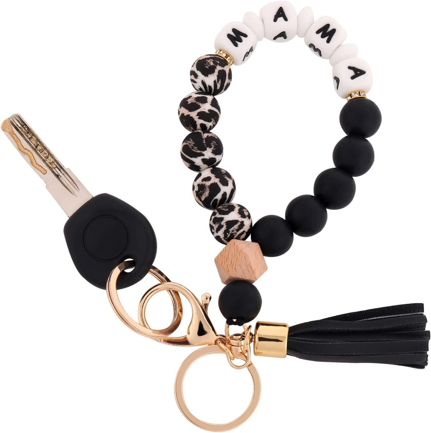 Llavero brazalete silicona cuentas mujer fleco piel esencial, Mama-leopardo
