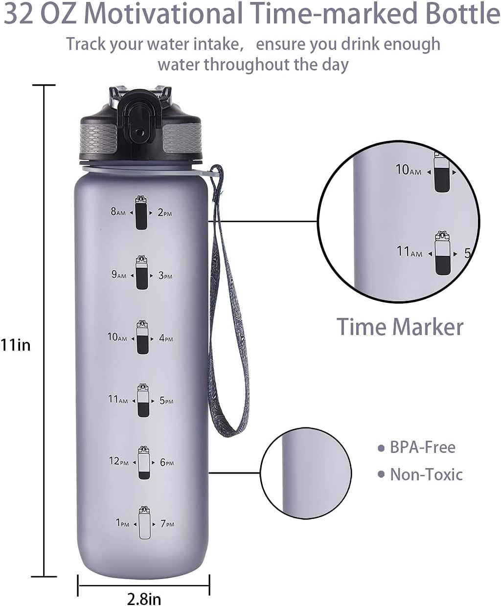 NAVTUE Water Bottle, 1L Sports Water Bottle with Straw, Time Markings, Tritan BPA free - Image 5